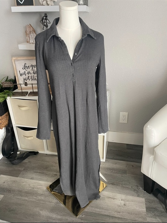 aerie Dresses & Skirts - aerie Charcoal Ribbed Collared Long Sleeve Maxi Dress
